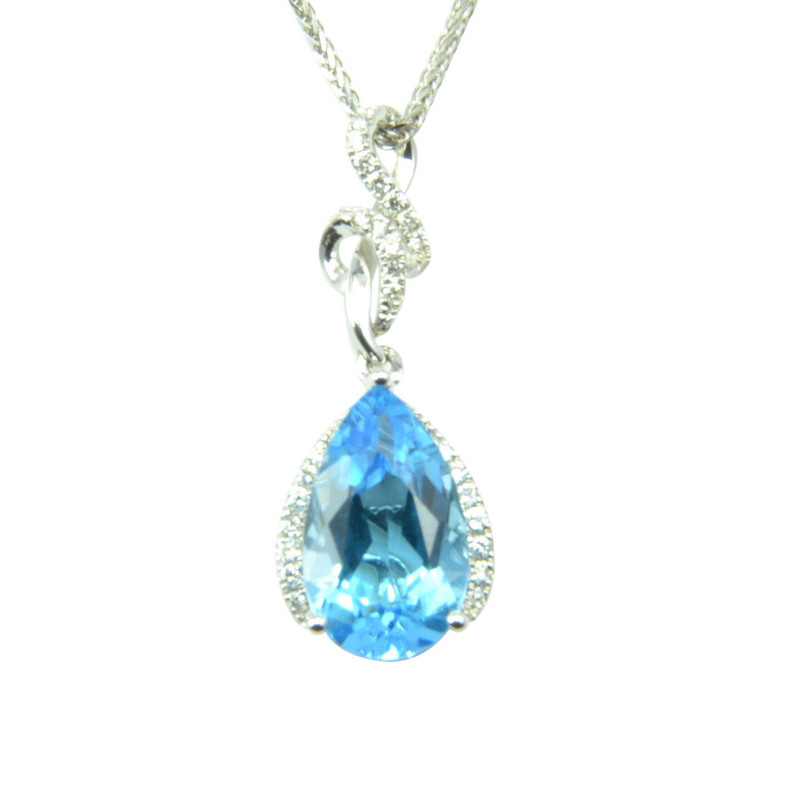 Pear Cut Blue Topaz and Diamond Pendant in 14k White Gold + Free ...